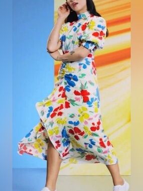 RIXO White Floral Maxi Dress with Red, Blue, Yellow & Green Blooms
